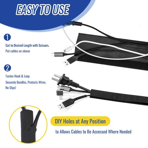 Flauzmann Hook and Loop Cable Sleeve, 3/4" - 6.6FT Dog Cat Cord Protector Waterproof Split Sleeving for USB Computer Office Automotive Audio Cables - Protects Cables from Pets Chewing - Black