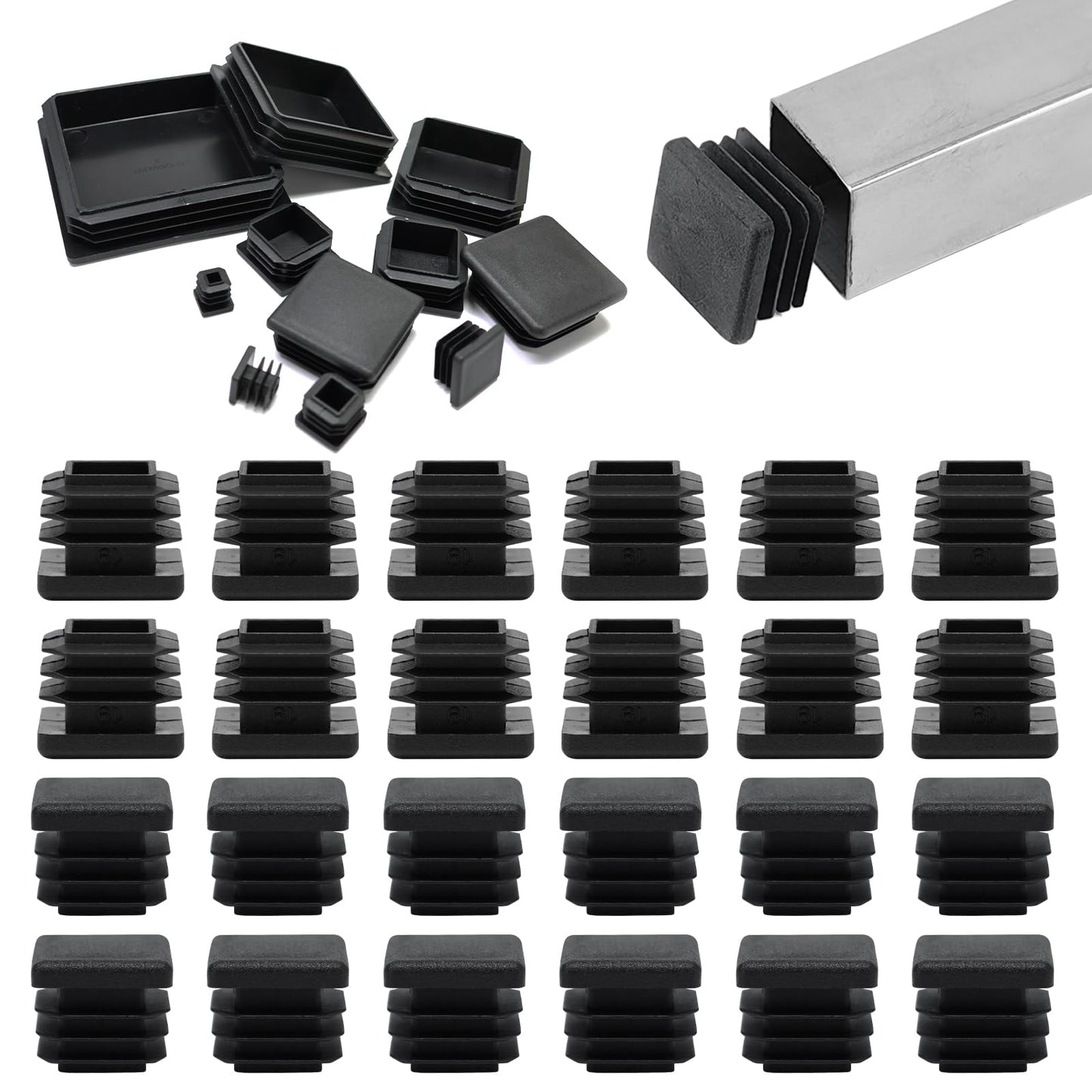 EASYEAH 3/4" (19mm) Plastic Hole Plugs Black -Square Chair Leg Caps & Pipe Plugs, Tubing End Caps for Metal and Wood Legs Tube, Outdoor Furniture Feet Table Patio Glide Floor Plastic Plugs, 24 PCS