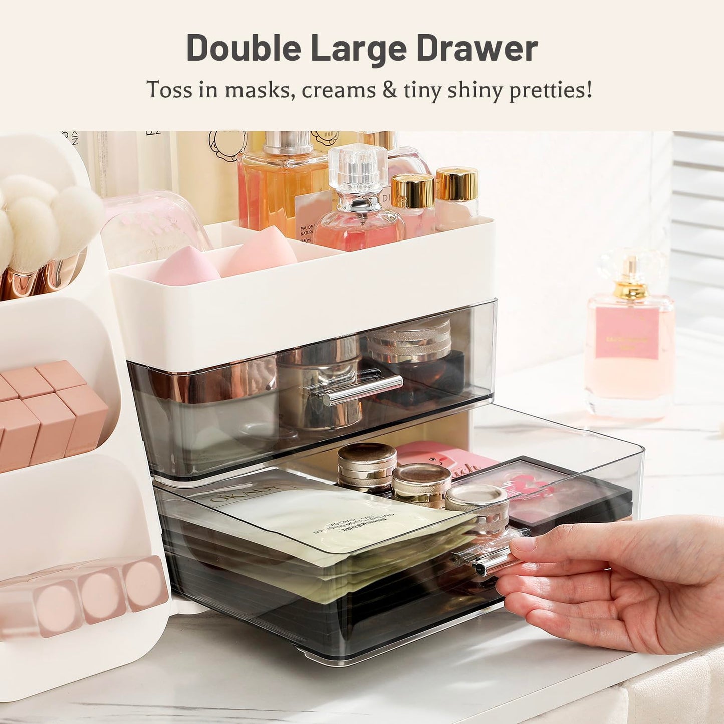 Aveniee Makeup Organizer with Drawers for Vanity, Big Cosmetic Display Case with Makeup Brush Holder, Bathroom Coutertop Organizers and Storage for Skincare Beauty Essentials (White)