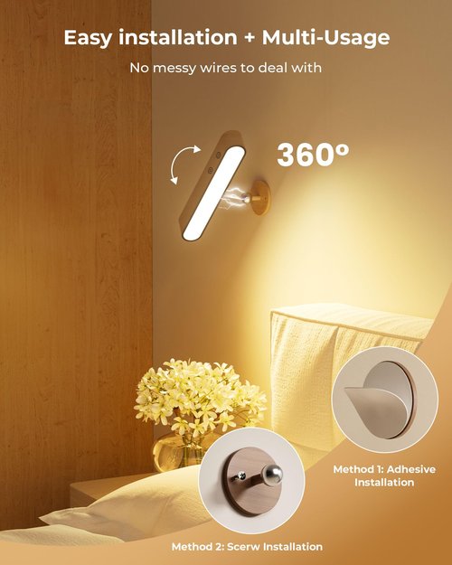 Rechargeable Walnut Wood Wall Sconces Set of Two LED Wall Lights for Bedroom,Touch and Remote Control,360° Rotate Magnetic Wall Light,3 Colors Dimmable Brightness Wall Lamps with 15 RGB Colors, 2 Pack
