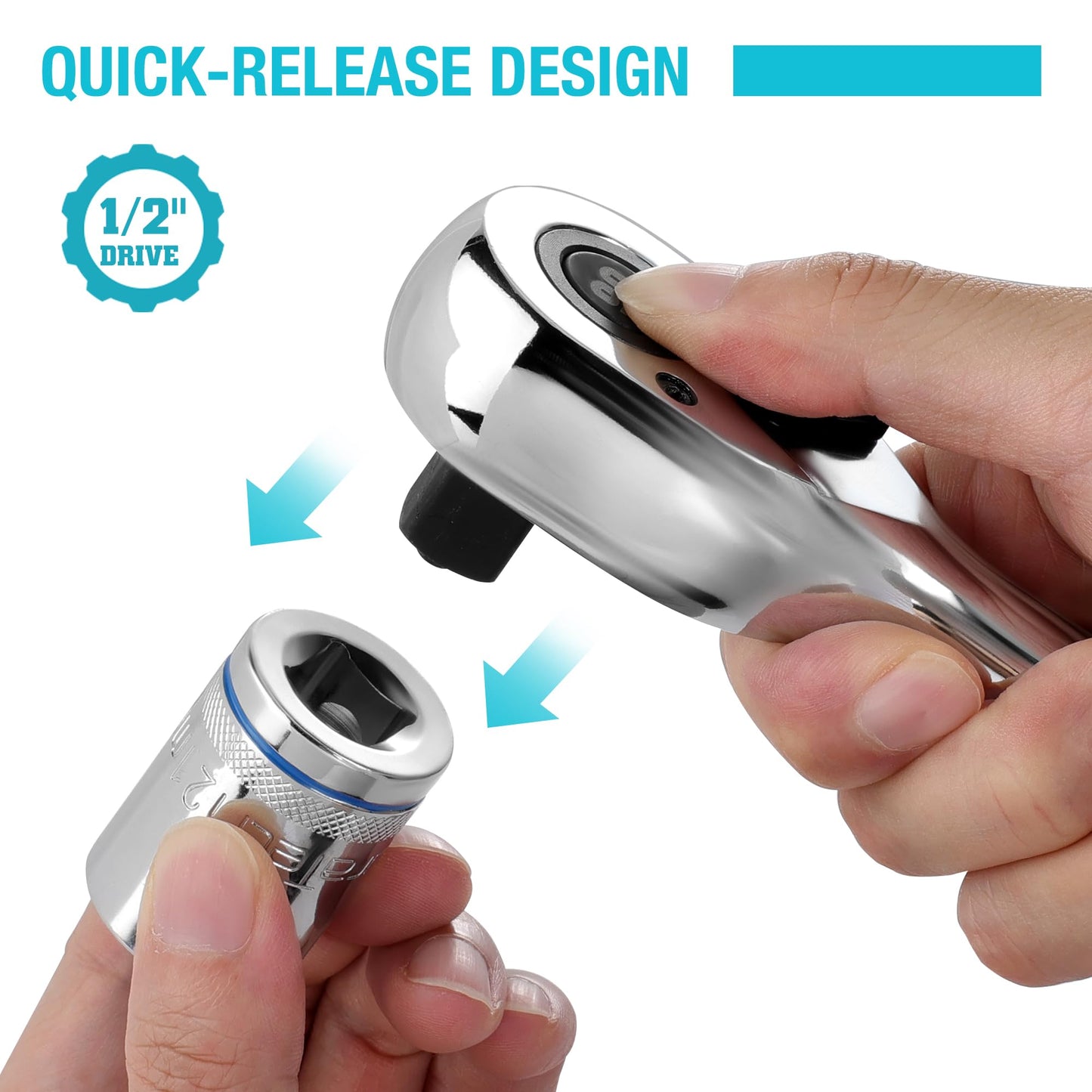 DURATECH Extra Long Handle 1/2-Inch Drive Ratchet, 90-Tooth Quick-release Ratchet Wrench with 20" Extra Long Handle, Teardrop Ratcheting, Reversible, Chrome Alloy Made, CR-MO Head,Full Polished