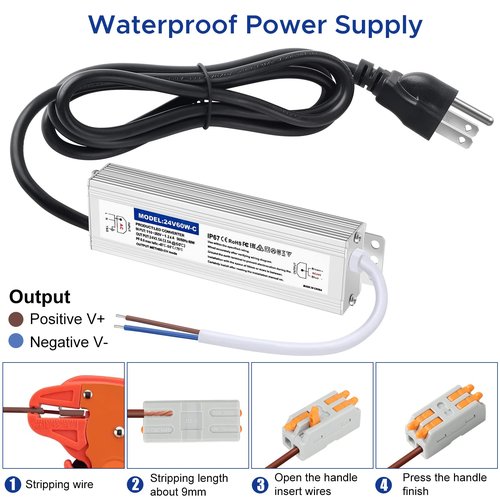 Karyoosi Waterproof IP67 24v Power Supply 60W 2.5A, 24v LED Driver, 120V AC to 24V DC Converter, with 3-Prong Plug and 4.9 Feet Cable - Ideal Power Supply for LED Strips and Lights