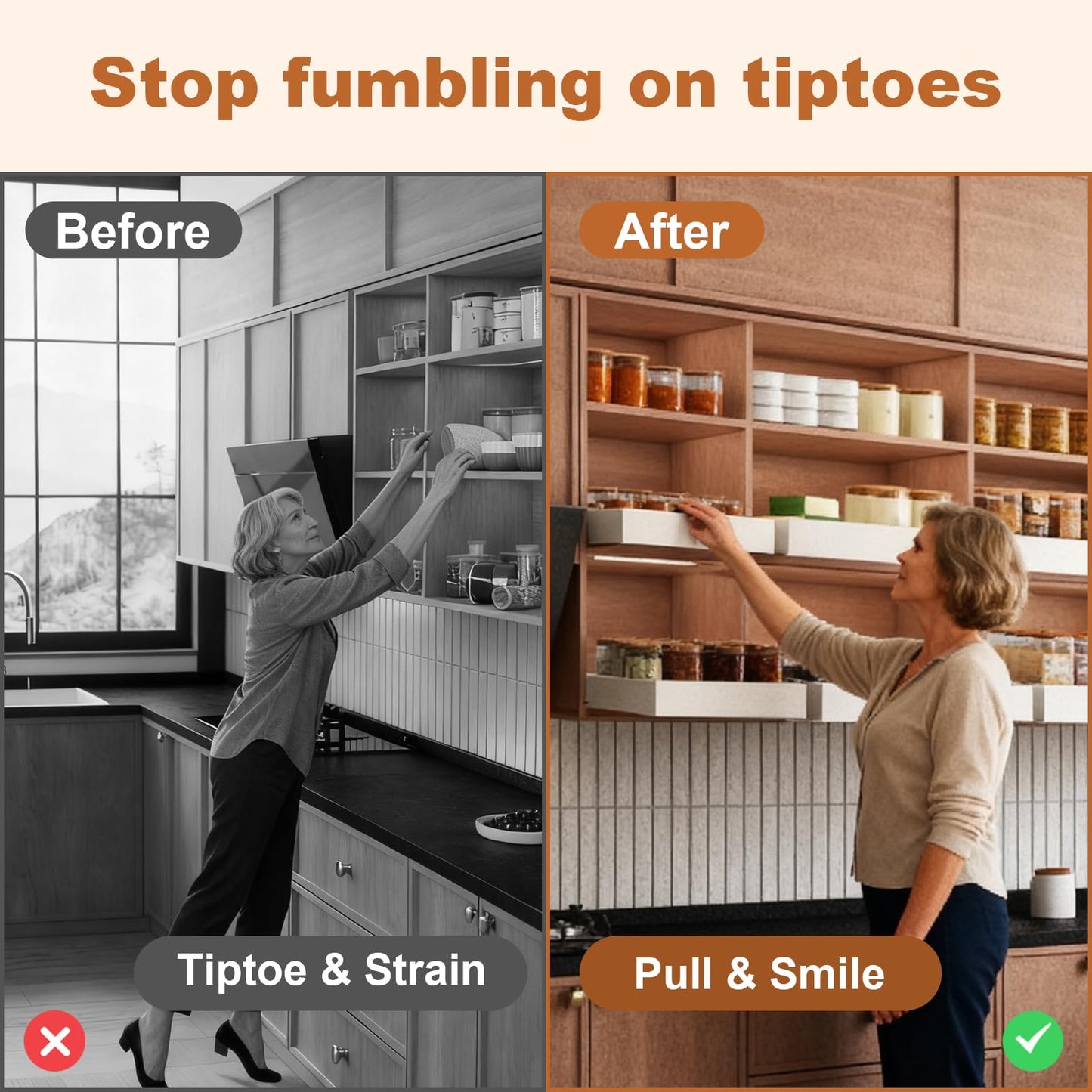 Fokyfok Pull out Cabinet Organizer,Width (11"-18") and Depth (10"-13") Expandable,No Drill Adjustable Slide out Drawers for Pantry,Adhesive Roll out Shelves Short,for upper cabinet,White