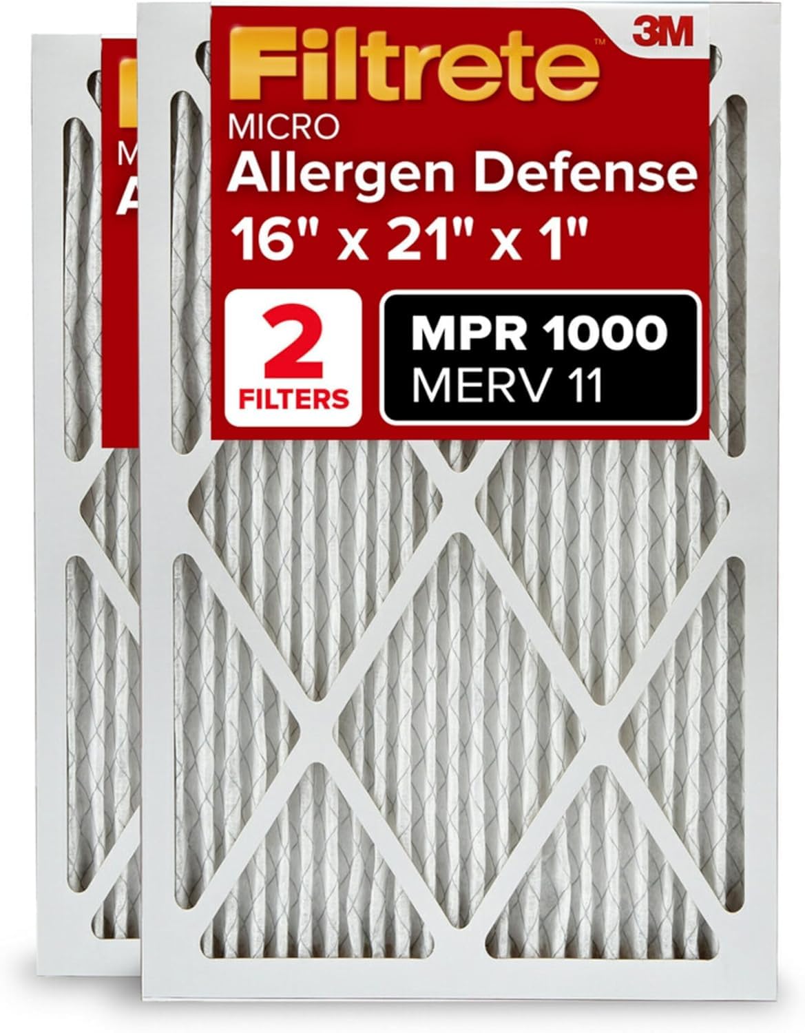 Filtrete 16x21x1 AC Furnace Air Filter, MERV 11, MPR 1000, Micro Allergen Defense, 3-Month Pleated 1-Inch Electrostatic Air Cleaning Filter, 2 Pack