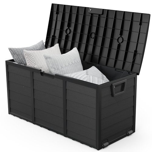 VINGLI 75 Gallon Outdoor Storage Box, Lockable Plastic Storage Containers with Lid, Patio Deck Box Furniture for Garden, Pool, Balcony, Yard (Full Black)