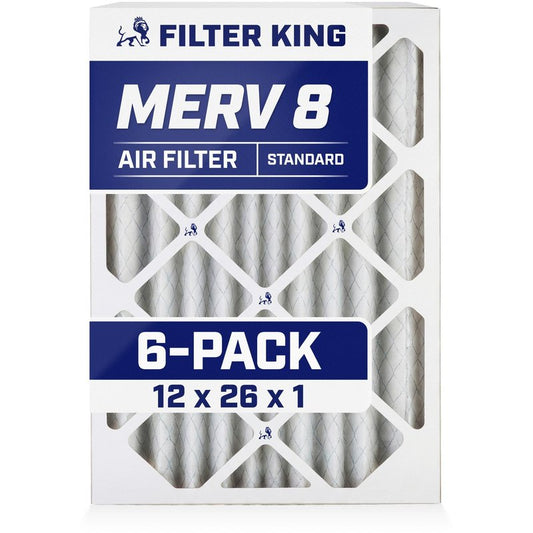 Filter King 12x26x1 Air Filter (MERV 8) (6-Pack) Dust & Allergy Control AC Furnace Filters, MADE IN USA, HVAC, Pleated, Electrostatic (Actual Size: 11.5 x 25.5 x .75)