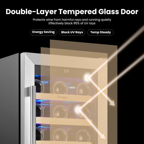 Yeego Wine Fridge - 15 inch 33 Bottles 40-65℉ Temperature Touch Control, Built-In/Under Counter/Freestanding Wine Cooler Refrigerator with Glass Door, Perfect for Bar, Home, Kitchen Cabinet, Office
