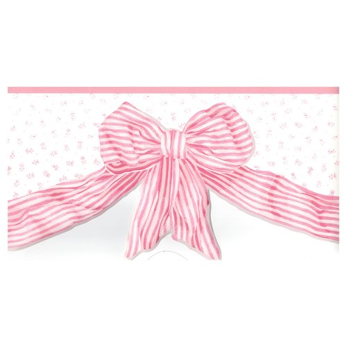 TRIMZ Wallpaper Border – Sweet Nursery Ribbon Bows with Scalloped Pink Trim Design, Baby Girl Nursery & Bedroom Wall Decor, Pre-Pasted,15 ft x 9 in