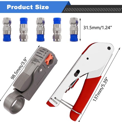 mxuteuk RG59 RG6 Coax Cable Crimper Tool Coaxial Compression Tool Fitting Wire Stripper With 5PCS F Type RG6 Compression Connectors