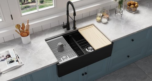 Stallion Creek 33 inch Black Double Bowl Apron Front Workstation Fireclay Kitchen Sink in black color