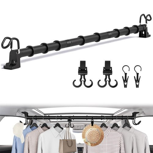 Heavy Duty Car Clothes Hanger Bar 30-64 inches, 4Pcs Accessories & Wrinkle Free Telescopic Clothes Rack with Upgraded Hooks, Adjustable Vehicle Cloth Rack Hanger Rod for Most Cars RVs Suvs Trucks