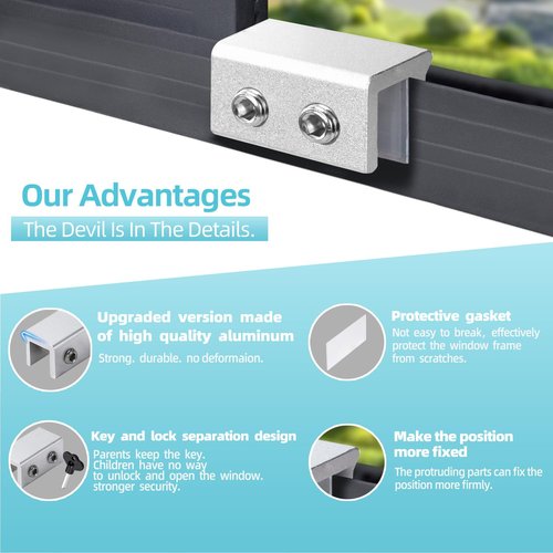 PINGXNG Window Locks,4 Sets,Alu Alloy material Window Lock for Vertical&Horizontal Sliding Windows and Doors,Adjustable Security Window Stop,for Child Home Safety,Bedroom,Office&Balcony(silver medium)