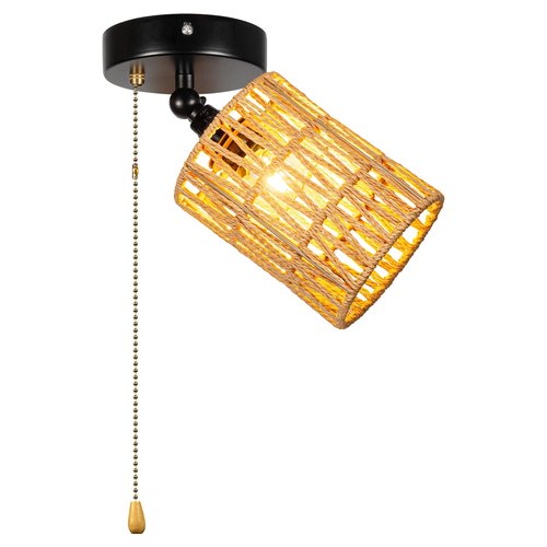 SKIVTGLAMP Adjustable Light, Zipper Switch 12V RV Industrial Twine Natural Boho Hollow-Carved Designed Rattan Shade, E12 Socket Semi Flush Mount Interior Lighting Decorative for RV Camper Hallway