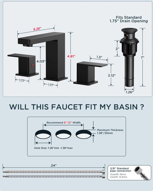 FORIOUS Black Bathroom Faucets 3 Hole, Matte Black Bathroom Sink Faucet 8 Inch Widespread, 2 Handle for Restroom Sink with Pop Up Drain, CUPC Supply Hose and Spare Water Saving Aerator, Vanity 3 Holes