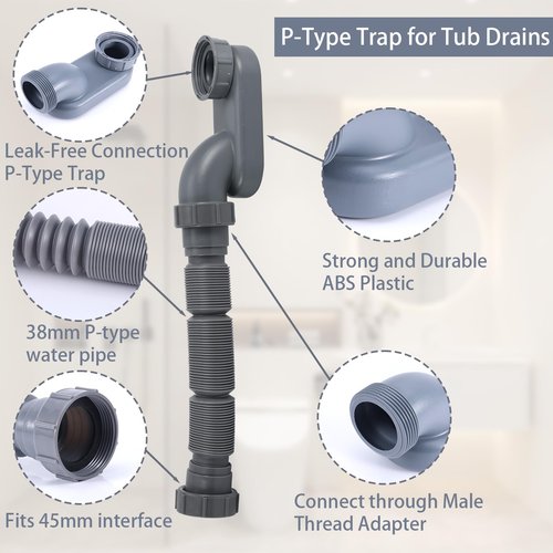 Flexible 1 1/2 P-Trap, Freestanding Tub Drain Flat Flexible P-Trap 1-1/2 Shower Drain Interface 1.7in for Bathtub Shower Bathroom