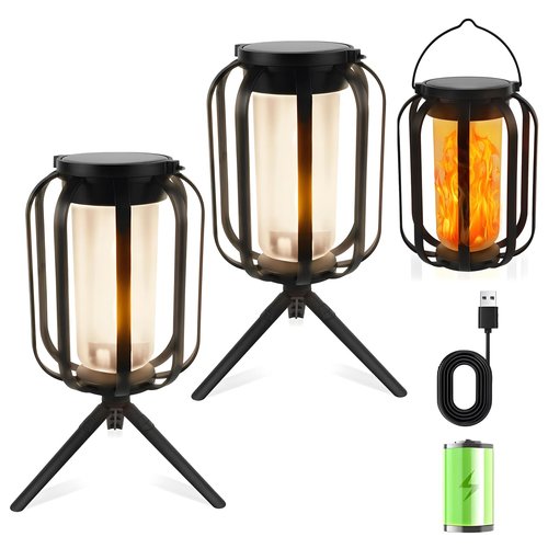 Solar Flame Camping Lantern, Solar Lantern Outdoor Lights with Base, Automatic Light Sensor, USB-C Charging, Waterproof Hanging Lanterns for Garden Yard Patio Backyard Porch Decor (2 PCS)