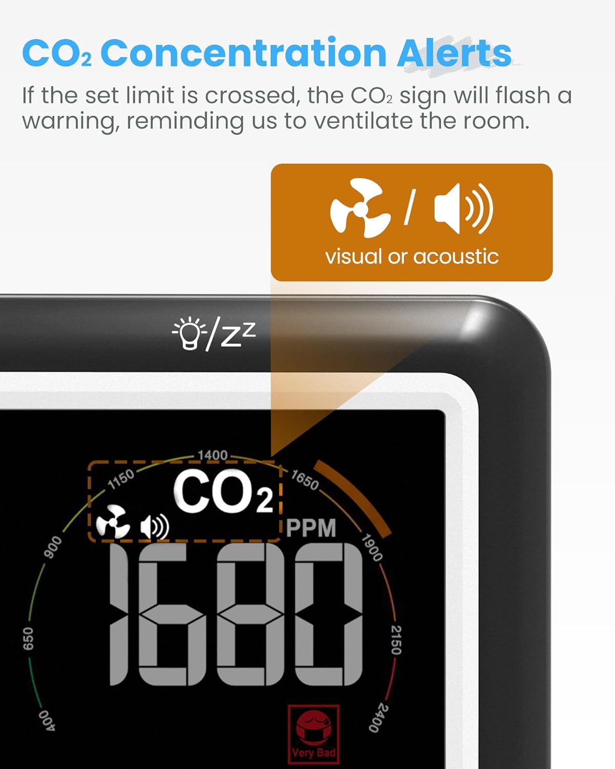 Newentor CO2 Monitor, Indoor Air Quality Meters, Carbon Dioxide Detector with Voice Alert, Large Display CO2 Tester, Temperature Humidity Sensor, Alarm Clock for Home, RV, Grow Tents, Black