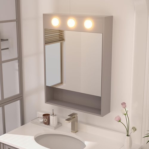 HAUSCHEN HOME 32x24 inch LED Medicine Cabinet Lighted Bathroom Mirror, Stepless Dimmable, 3000K/5500K Color Temperature Wall Mounted Makeup Mirror, Adjustable Shelf (Grey/Assembly Required)