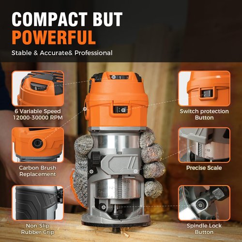 Alloyman Router Tool, 8.5Amp Wood Router, Max 30000 RPM Handheld Palm Router, 6 Variable Speed, 12Pcs Wood Compact Router Bits, 950W Wood Trim Routers Kit for Woodworking Trimming
