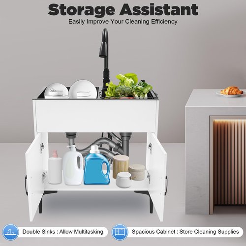 Knwigoe 30in Laundry Sink with Cabinet and Pull-Out Sprayer Faucet,Stainless Steel Utility Sink with Double Bowl, Soap Dispenser, Drain Basket Freestanding Kitchen Sink for Laundry Room, Garage White