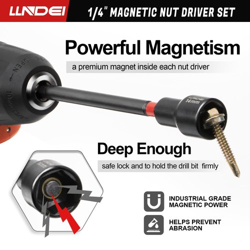 LLNDEI 1/4" Drive Socket Set & Nut Driver Set 44PCS, 1/4-Inch Sockets Deep&Shallow Metric(4-15mm) with Ratchet, 1/4" Hex Shank 6" Long Nut Drivers(6-14mm) for Impact Drill Bits(PH1 PH2)