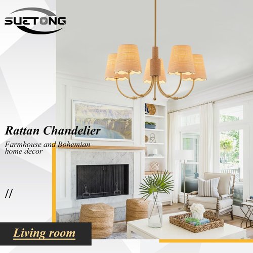 SUETONG Boho Rattan Chandelier, Antique Brass Farmhouse Chandeliers, 5-Lights Coastal Pendant Light Fixtures for Dining Room Kitchen Island Living Room