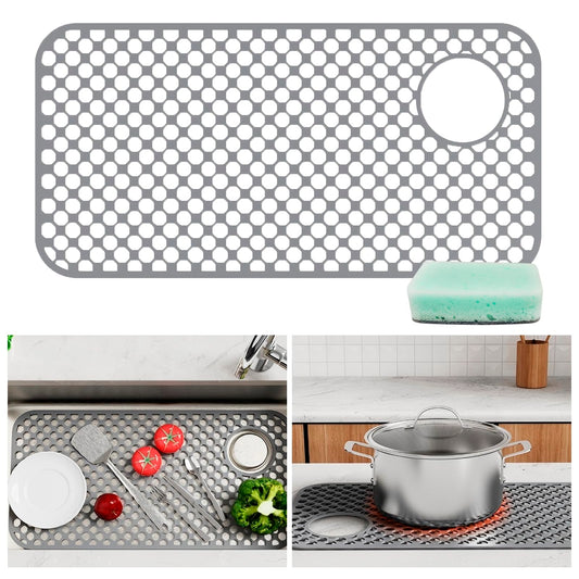 Kitchen Sink Silicone Protector - 28.4" by 14.3" Heat Resistant Non-Slip Silicone Sink Mat to Protect Stainless Steel Sink, Left and Right Drain (Gray)