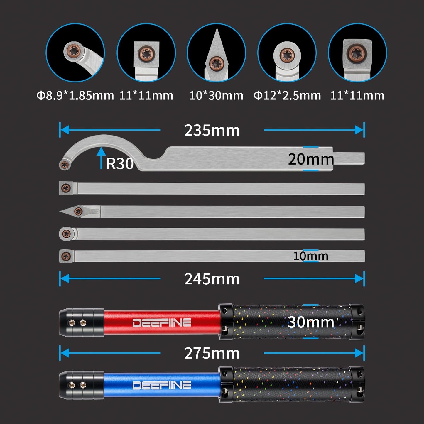 DEEFIINE Carbide Tipped Wood Lathe Turning Tools Set with Bowl sander, Lathe Rougher And Finisher Swan Neck Hollowing Tools and Interchangeable Foam Handle with 5pcs Carbide Inserts for woodturning