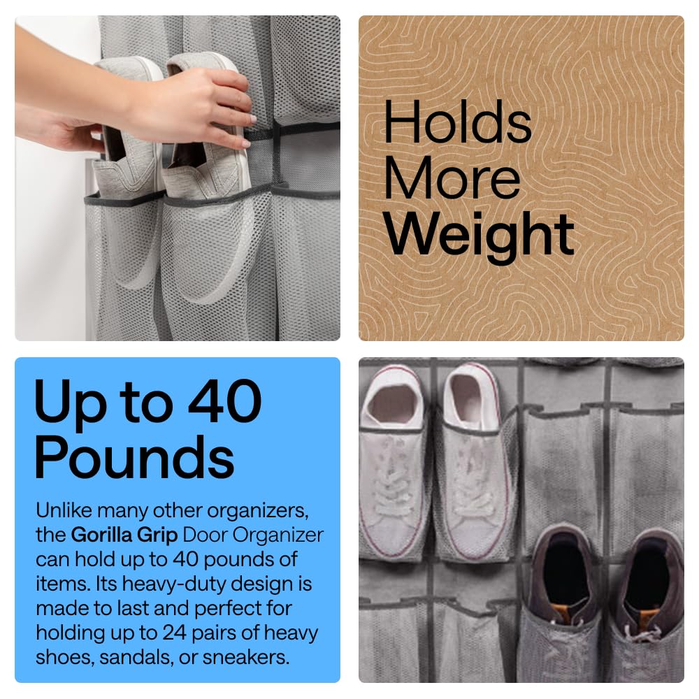 GORILLA GRIP Over the Door Shoe Organizer, 24 Large Breathable Mesh Pockets, Space Saving Hanging Storage Holder, Closet Rack Hanger Holds Up to 40 lbs, Hangs on Closets for Shoes, Accessories, Grey