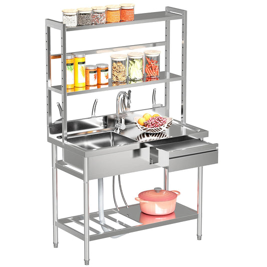 Toemics 39'' Stainless Steel Utility Sink, Free Standing Commercial Single Bowl Sink with Shelves & Right Drawer & Cold and Hot Water Pipe, Indoor and Outdoor Sink for Laundry Room, Garage, Kitchen