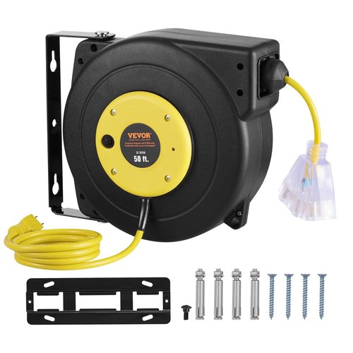 VEVOR Retractable Extension Cord Reel, 50 FT, Heavy Duty 14AWG/3C SJTOW Extension Power Cord with Lighted Triple Tap Outlet, 13A Circuit Breaker 180° Swivel Bracket for Ceiling or Wall Mount, Yellow