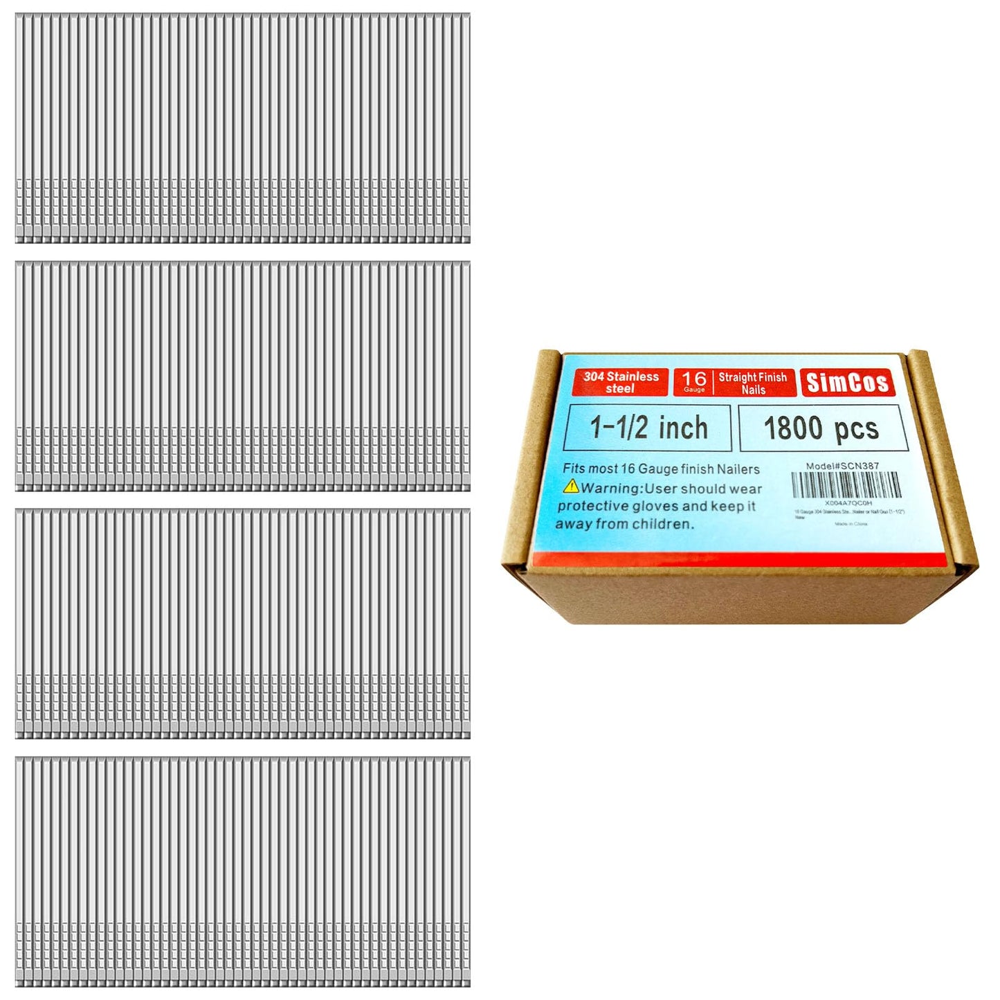SimCos 16 Gauge 1-1/2 Inch 304 Stainless Steel Finish Nails, 1800 Pack