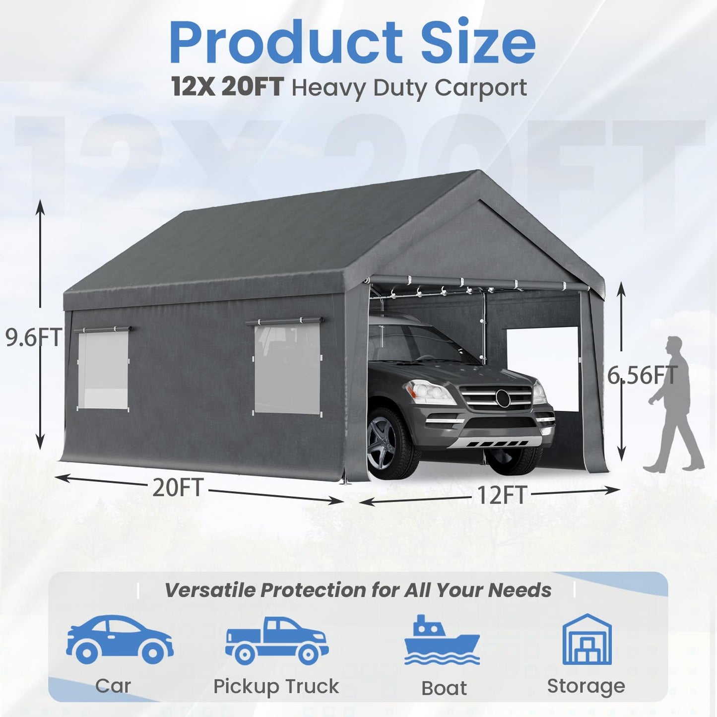 Bezseller 12x20 FT Heavy Duty Carport Canopy with Removable Sidewalls, Portable Garage Tent with Roll-Up Windows & Doors, Car Port with All-Season Tarp for Cars, Boats, Trucks, Motorcycles, Gray