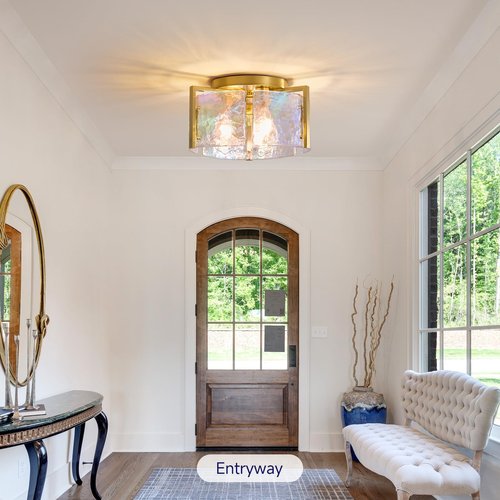 Gold Flush Mount Ceiling Light Fixture: 14.1'' Glass Semi Ceiling Light Fixtures - Mid Century Drum Kitchen Entryway Foyer Lighting - Modern Lights for Living,Dining Room Hallway Bathroom Bedroom