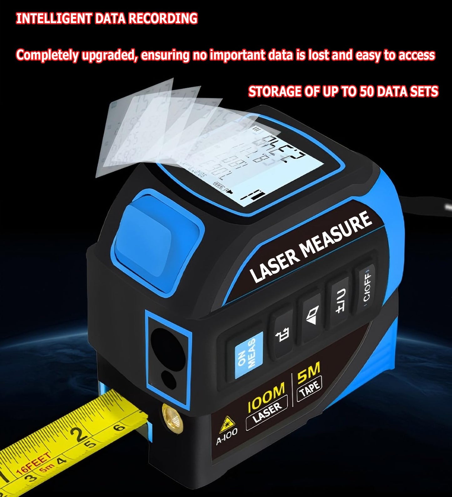 Tape Measure 4-in-1 Laser Digital Measuring Tape & 100m/328ft Laser Distance Meter & with 16ft/5m & Crosshair Markings & Dual-axis Electronic Level,Display On Backlit LCD Screen