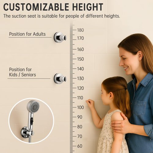 V-Frankness Shower Holder with Suction Cup, Removable No-Drill Wall Mount, Universal Bathroom Hose Bracket, Chrome