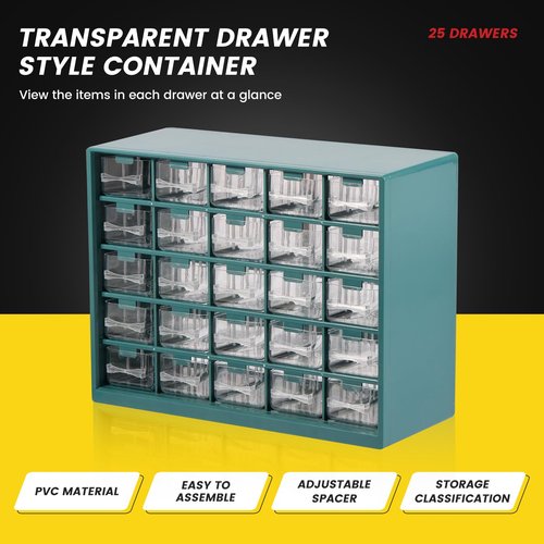 25 Grids Drawer Parts Cabinet, Screw Organizer, Hardware Storage Organizer, Bead Organizer, Teacher Toolbox, Plastic Drawer Storage for Hardware Crafts, Small Parts, Nuts, Bolts (Deep Green)