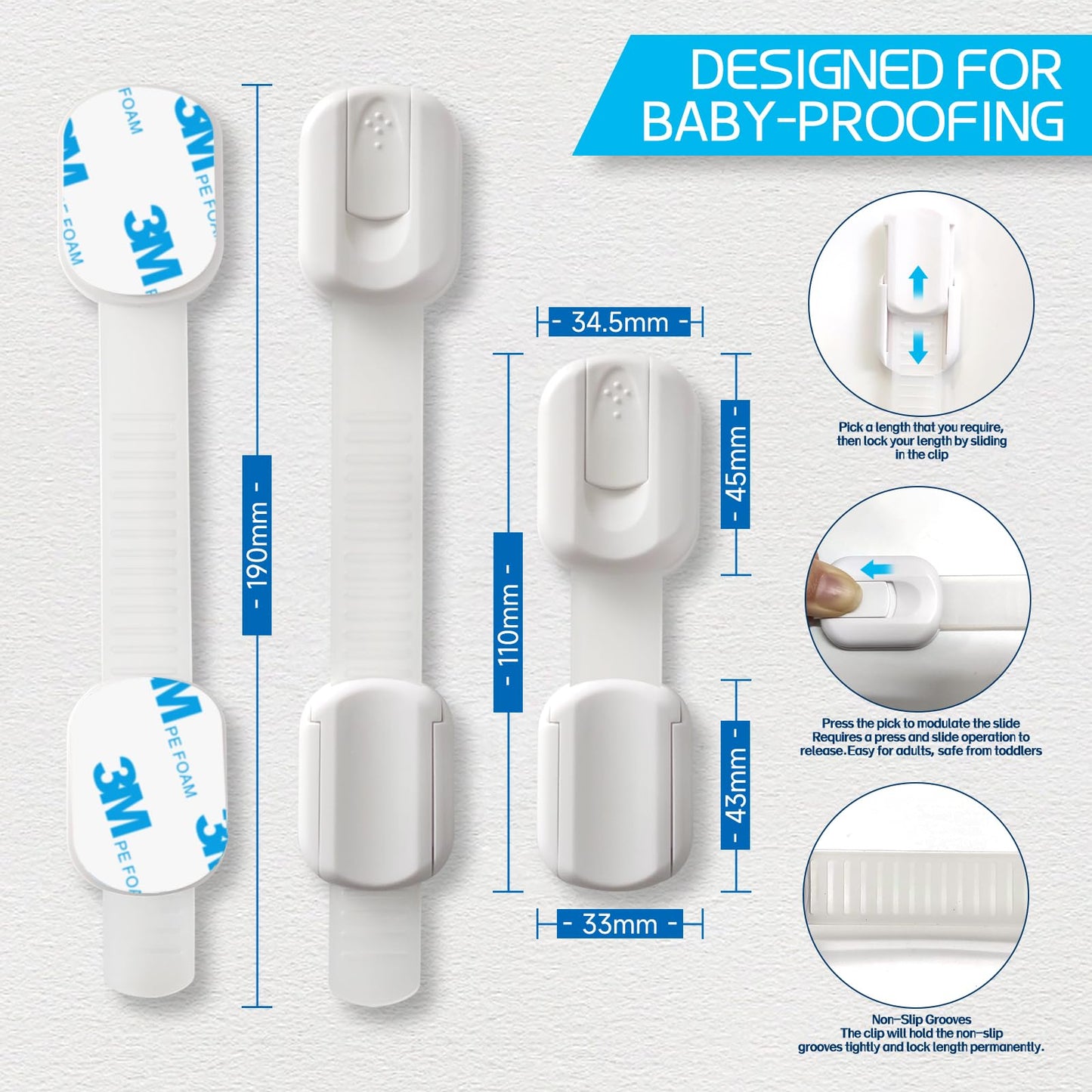 Child Safety Cabinet Locks, 8-Pack, Easy Install with 3M Adhesive, No Screws or Drilling, Multi-Purpose Latches for Cabinets, Drawers, Doors, Kitchen, Ovens, Toilets