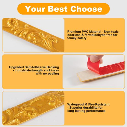 16.4FT x 1.02'' Gold Crown Molding Trim Peel and Stick – Flexible Decorative Mirror Frame Border, Self-Adhesive Trim for Doors & Cabinets