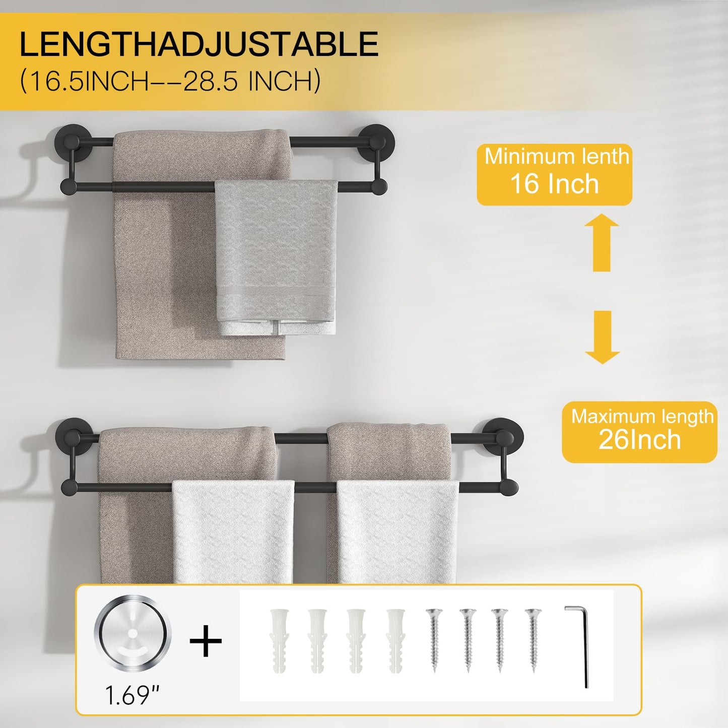 BESy Adjustable 16-26 Inches Double Bath Towel Bar for Bathroom SUS304 Stainless Steel Towel Holder, Hotel Style Wall Mount with Screws Hand Towel Bar Towel Rack Rod Hanger, Matte Black Finish