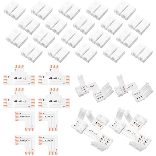 28 Pieces 3 Pin LED Connector LED Strip Solderless Light l Shape Lights Extension T Shape Solderless Adapter Connector 10 mm for WS2811 WS2812B SK6812 Strip