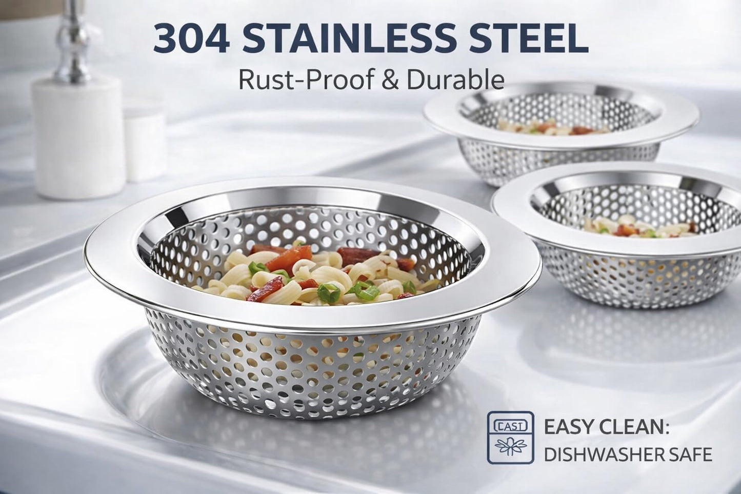 Sink Strainer Basket (3 Pack) – 304 Stainless Steel Kitchen Drain Strainer, Anti-Clog Sink Drain Catcher, Rustproof, Fits 4.4” Standard Sink