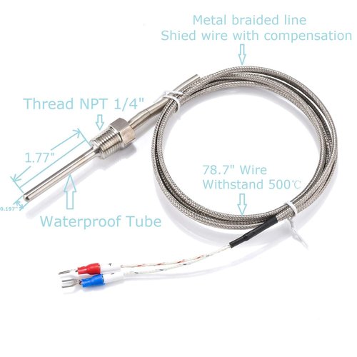 Waterproof K Type Grounded Thermocouple - Jaybva Temperature Sensor Probe for PID Temperature Controller Two Wire Stainless Steel NPT 1/4 inch Pipe Thread 0~500℃ with 2m Insulation Lead Shield Wire