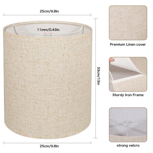 Tall Lampshades Set of 2, Beige Linen Drum Lampshades, 11" Top x 11" Bottom x 12" High Lamp Shade, Lamp Shades Replacement for Table and Floor Lamps, Pendant Light, Handcrafted, Easy Assembly