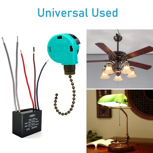 YukiHalu Ceiling Fan Pull Chain Switch 3 Speed 4 Wire, Ceiling Fan Capacitor CBB61 4.5uf + 6uf + 5uf 5 Wire 250V, Light Switch for Fan and Light (Antique)