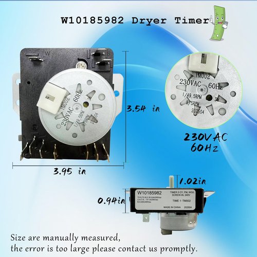 W10185982 WED4815EW1 W10185 982 Dryer Timer(OEM) Compatible with Whirlpool WED4800XQ0, WGD4800XQ0 etc,W10185 982 Dryer Timer Replacement for 418-618-20-b5 WPW10185982. 230VAC 60Hz, 3-Year Warranty