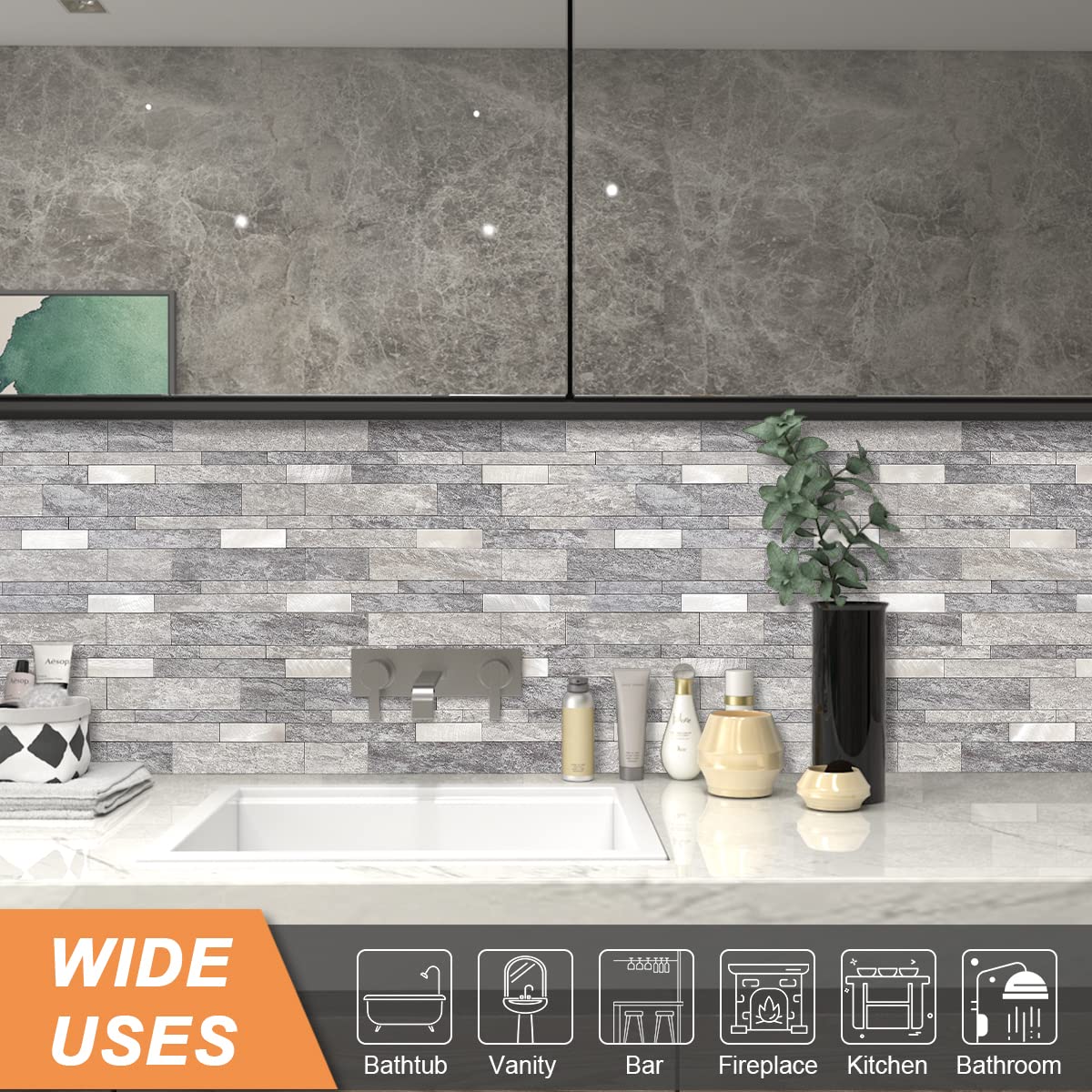 VAOVI Backsplash Tile Peel and Stick Kitchen Stone Subway Linear Mosaic Bathroom Shower Wall Waterproof(10pcs,Gray)