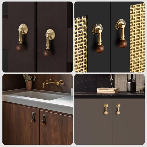 Evionlin 10 Pcs Antique Copper Brass Walnut Wood Cabinet Door Handle high-end Minimalist Wardrobe Cabinet Single Hole Pendant Drawer Door Handle