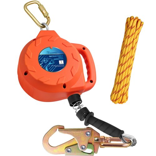 TRSMIMA Fall Protection Retractable Lanyard - 30ft Self-Retracting Fall Arrest Safety Construction Roofing Galvanized Steel Cable Two Internal Shock Absorber System Waterproof Housing