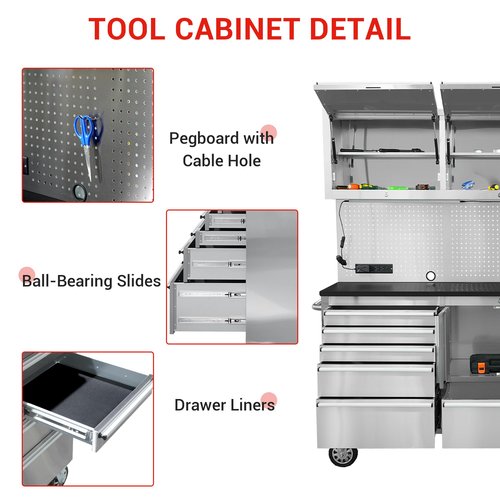 CT Copper Tailor 72-Inch Rolling Tool Chest with 11 Drawers & 4 Cabinets, Pegboard, Power Strip,LED Light,Mobile Workbench for Garage,Workshop,Stainless Steel